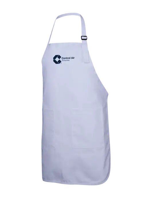 Full-Length White Apron With Pockets w/Control Air Enterprises Logo