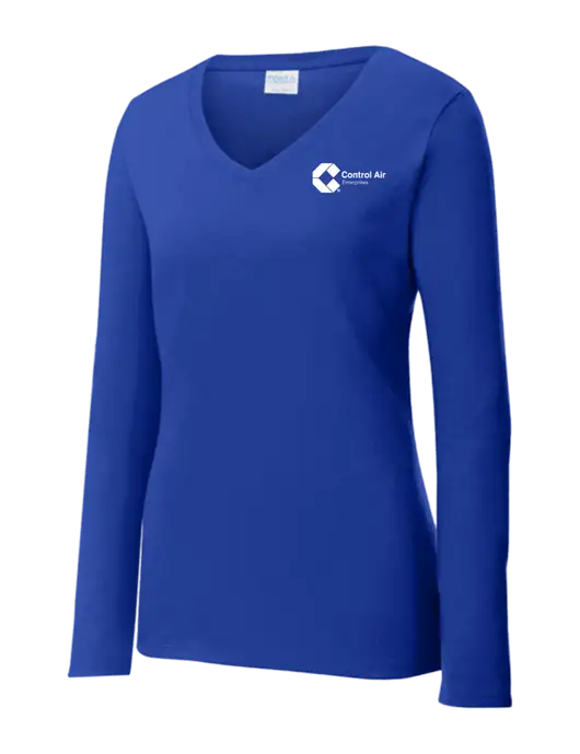 Womens  V-Neck Ring Spun Royal 4.5 oz Long Sleeve T-Shirt w/Control Air Enterprises Logo