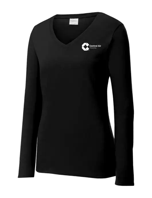 Womens V-Neck Ring Spun Jet Black 4.5 oz Long Sleeve T-Shirt w/Control Air Enterprises Logo