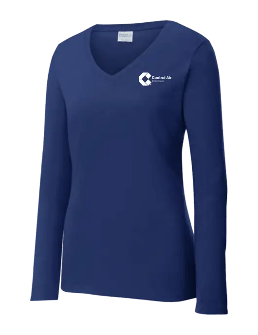 Womens  V-Neck Ring Spun Navy 4.5 oz Long Sleeve T-Shirt w/Control Air Enterprises Logo