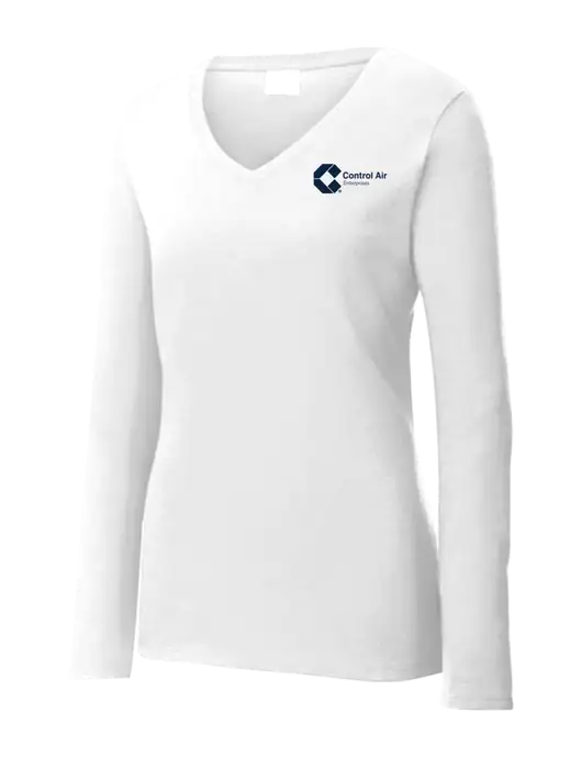 Womens  V-Neck Ring Spun White 4.5 oz Long Sleeve T-Shirt w/Control Air Enterprises Logo