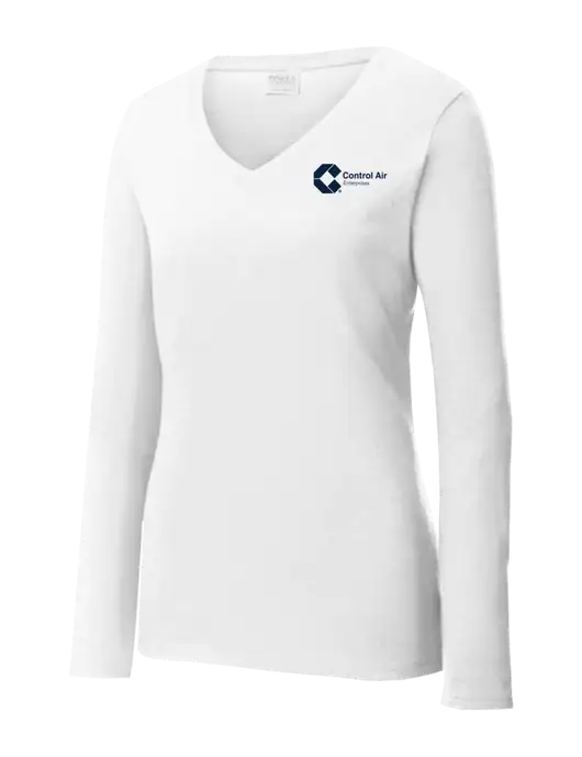 Womens  V-Neck Ring Spun White 4.5 oz Long Sleeve T-Shirt w/Control Air Enterprises Logo