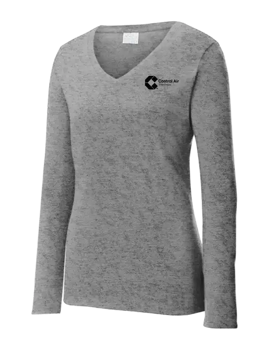 Womens  V-Neck Ring Spun Grey Heather 4.5 oz Long Sleeve T-Shirt w/Control Air Enterprises Logo