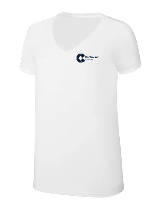 Womens Simply Soft V-Neck White 4.5oz  Poly/Combed Ring Spun Cotton T-Shirt w/Control Air Enterprises Logo