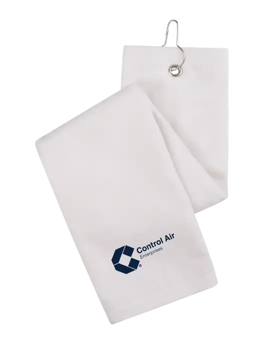 White Tri-Fold Golf Towel with Grommet w/Control Air Enterprises Logo