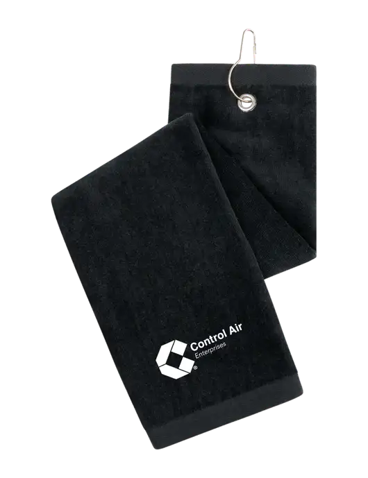 Black Tri-Fold Golf Towel with Grommet w/Control Air Enterprises Logo