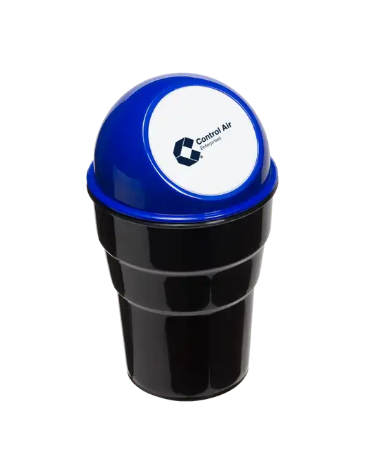 Blue Car Cup Holder Trash Can w/Control Air Enterprises Logo