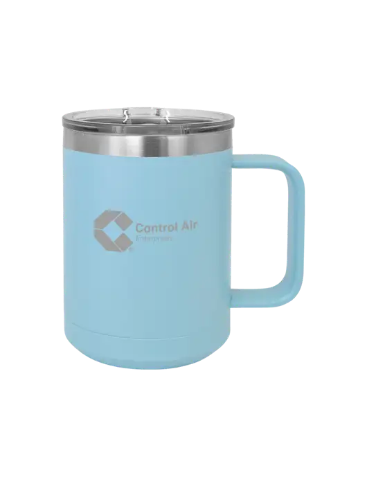 Polar Camel 15 oz Powder Coated Light Blue Vacuum Insulated Mug with Slider Lid w/Control Air Enterprises Logo