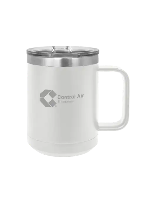 Polar Camel 15 oz Powder Coated White Vacuum Insulated Mug with Slider Lid w/Control Air Enterprises Logo