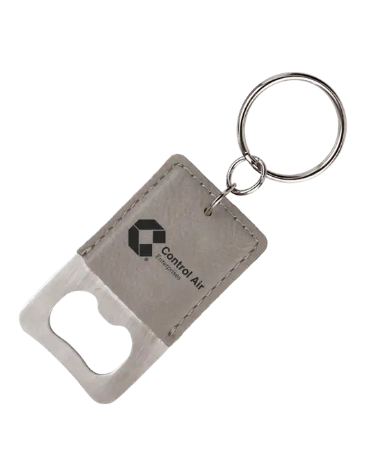 Grey Leatherette Rectangle Bottle Opener Keychain w/Control Air Enterprises Logo