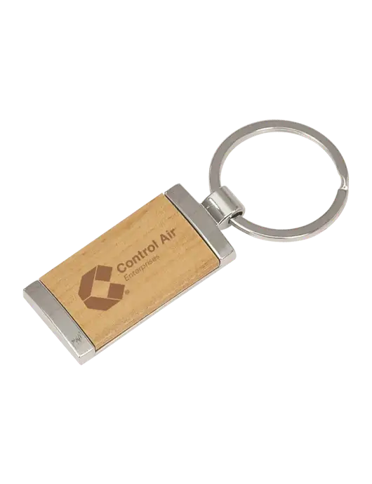 Wood & Silver Rectangle Keychain w/Control Air Enterprises Logo