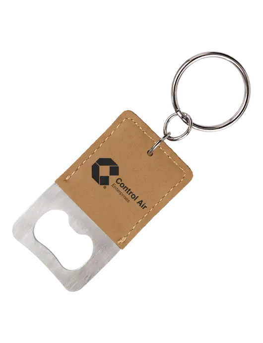 Tan Leatherette Rectangle Bottle Opener Keychain w/Control Air Enterprises Logo