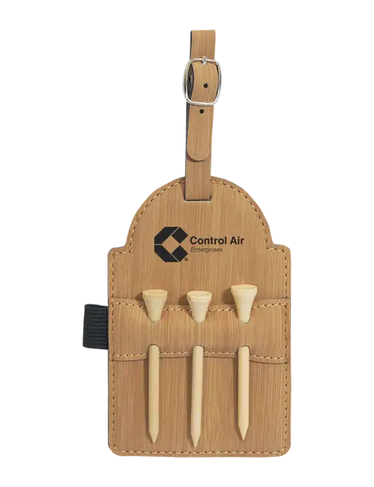 Bamboo Leatherette Golf Bag Tag with 3 Wooden Tees w/Control Air Enterprises Logo