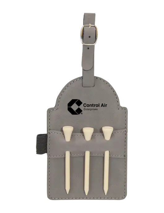 Grey Leatherette Golf Bag Tag with 3 Wooden Tees w/Control Air Enterprises Logo