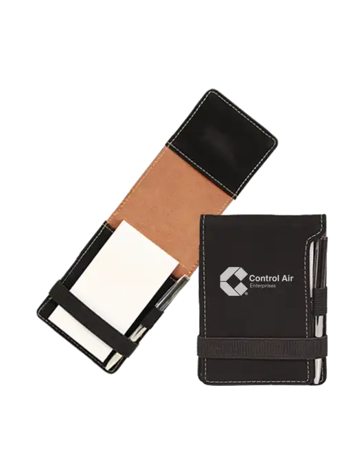 Black Leatherette Mini Notepad with Pen,  3.25 x 4.75 w/Control Air Enterprises Logo