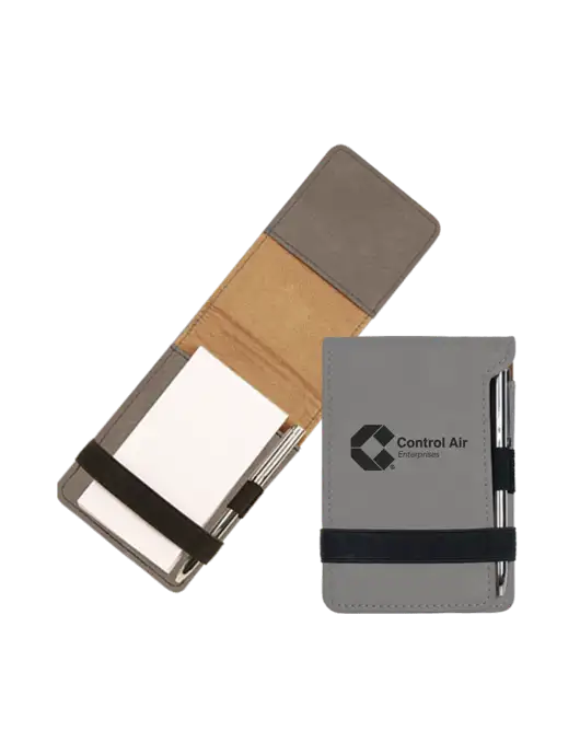 Grey Leatherette Mini Notepad with Pen,  3.25 x 4.75 w/Control Air Enterprises Logo