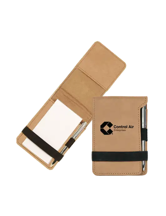 Tan Leatherette Mini Notepad with Pen,  3.25 x 4.75 w/Control Air Enterprises Logo