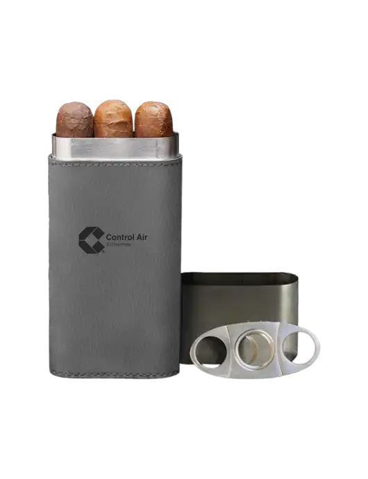 Grey Leatherette Cigar Case with Cutter w/Control Air Enterprises Logo