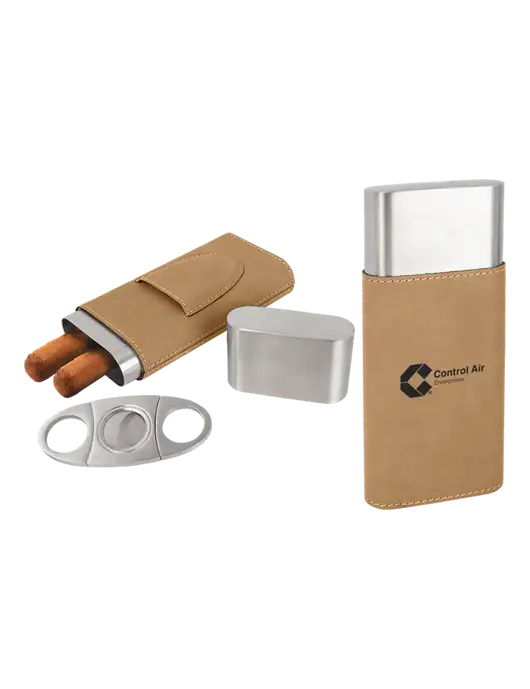 Tan Leatherette Cigar Case with Cutter w/Control Air Enterprises Logo