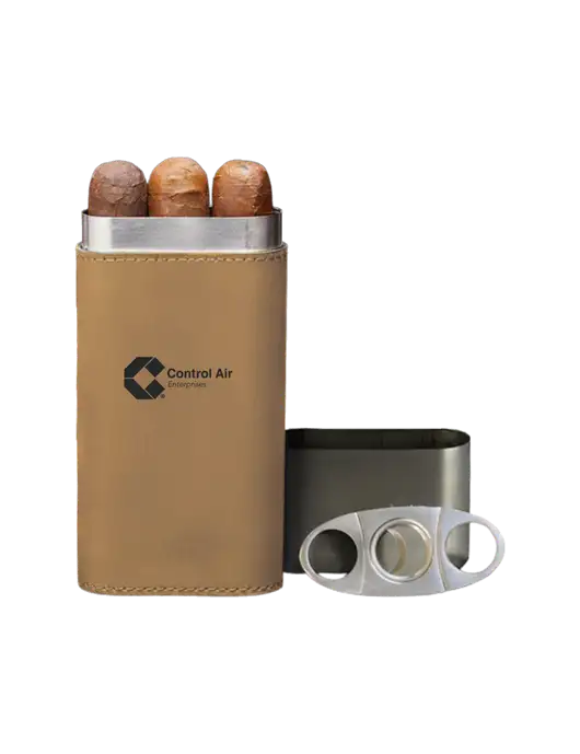 Tan Leatherette Cigar Case with Cutter w/Control Air Enterprises Logo