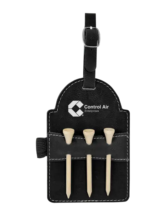 Black Leatherette Golf Bag Tag with 3 Wooden Tees w/Control Air Enterprises Logo