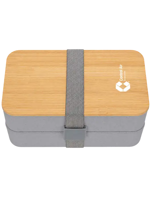 Double Decker Light Medium Grey Lunch Box w/Eco-Friendly FSC Bamboo Lid & Reusable Utensils w/Control Air Enterprises Logo