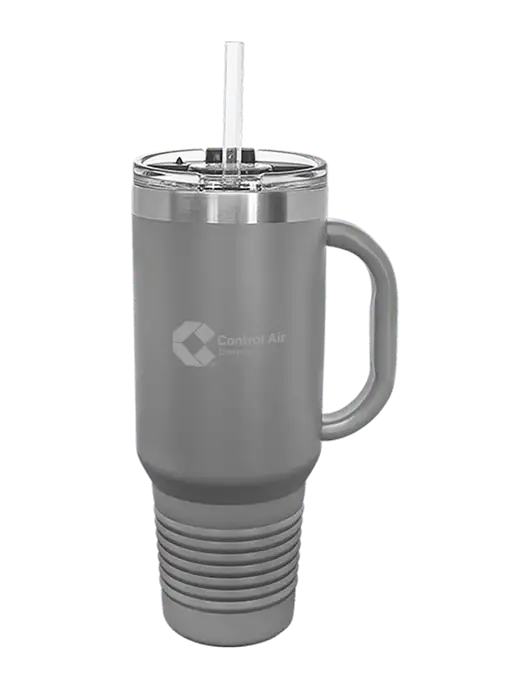 Polar Camel 40 oz. Powder Coated Vacuum Insulated Grey Travel Mug with Straw w/Control Air Enterprises Logo
