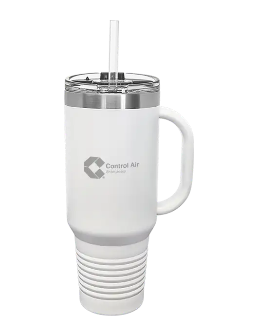 Polar Camel 40 oz. Powder Coated Vacuum Insulated White Travel Mug with Straw w/Control Air Enterprises Logo