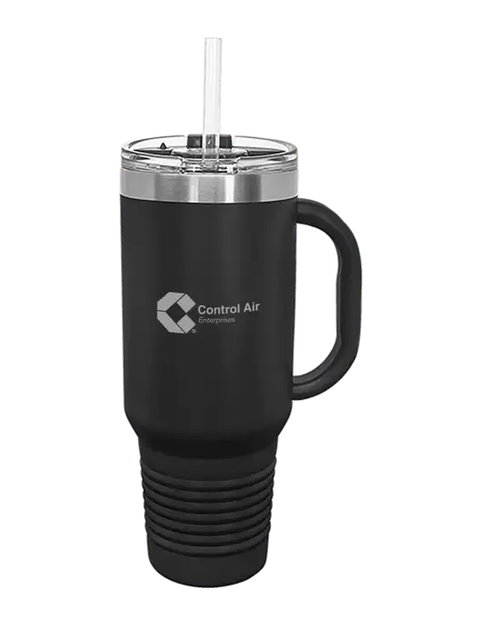 Polar Camel 40 oz. Powder Coated Vacuum Insulated Black Travel Mug with Straw w/Control Air Enterprises Logo