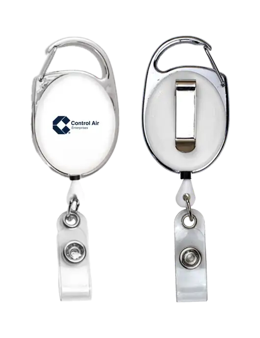 White Carabiner Style Badge Reel and Badge Holder w/Control Air Enterprises Logo