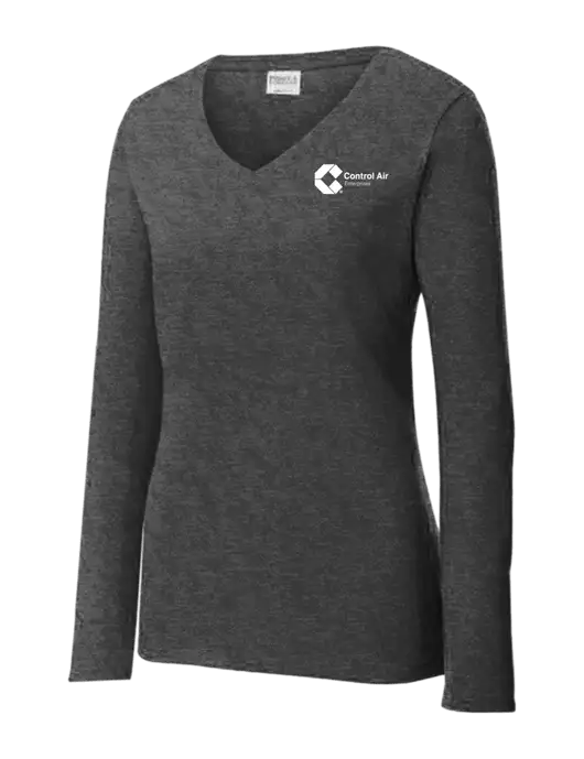 Womens  V-Neck Ring Spun Dark Heather Grey 4.5 oz Long Sleeve T-Shirt w/Control Air Enterprises Logo