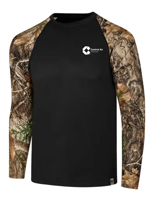 Russell Outdoors Black/Realtree Edge Camo Colorblock Performance Long Sleeve T-Shirt w/Control Air Enterprises Logo