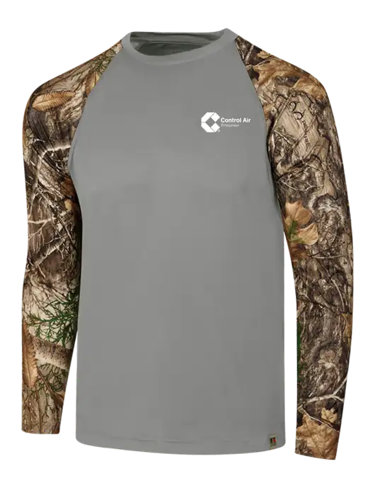Russell Outdoors Medium Grey/Realtree Edge Camo Colorblock Performance Long Sleeve T-Shirt w/Control Air Enterprises Logo