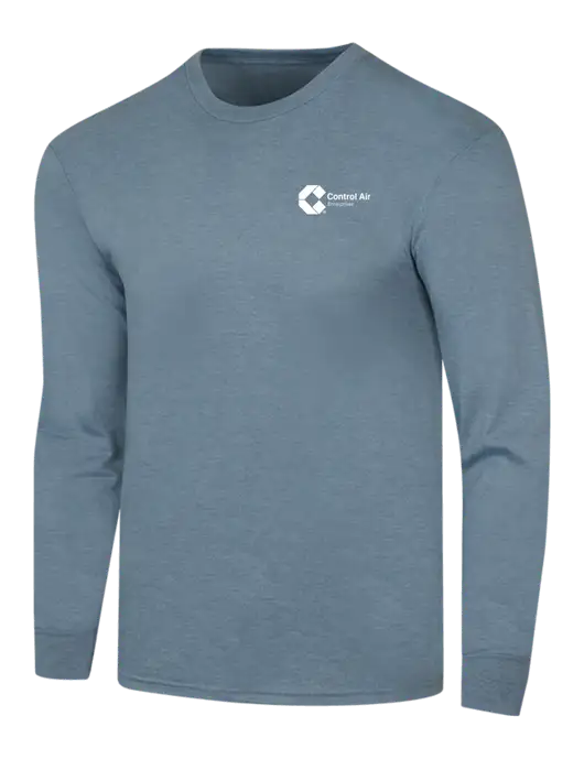 Simply Soft Long Sleeve Slate Blue Heather 4.5 oz, Poly/Combed Ring Spun Cotton T-Shirt w/Control Air Enterprises Logo