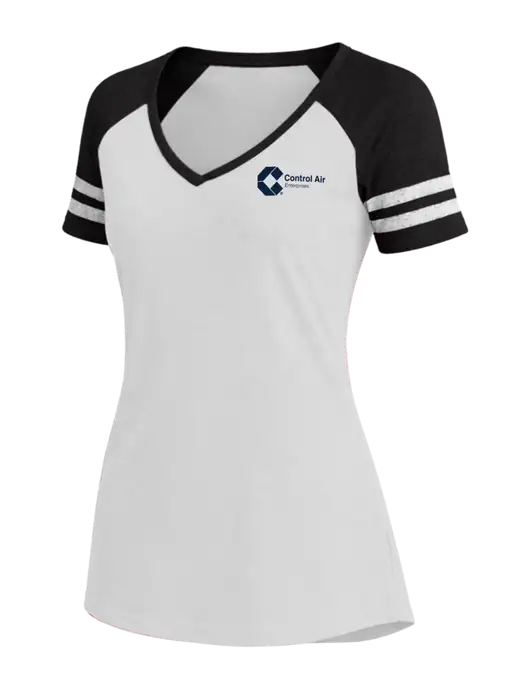 Womens White/Black V-Neck Game Tee w/Control Air Enterprises Logo