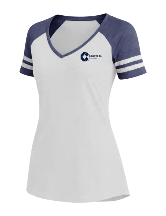 Womens White/Navy Heather V-Neck Game Tee w/Control Air Enterprises Logo