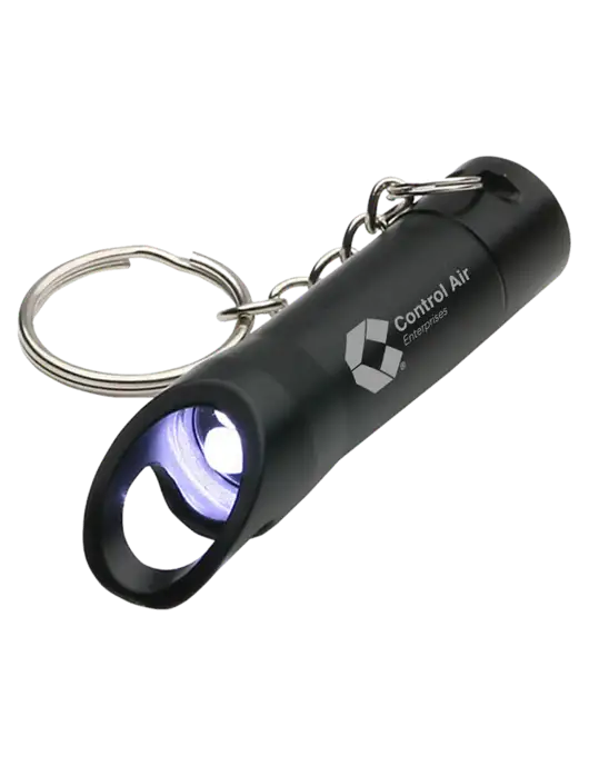 Black Pocket LED Flashlight with Bottle Opener & Keychain w/Control Air Enterprises Logo
