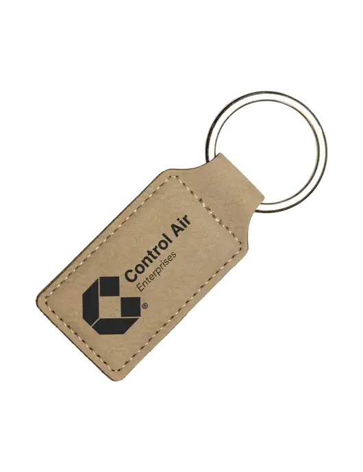 Tan Laserable Leatherette Rectangle Keychain w/Control Air Enterprises Logo