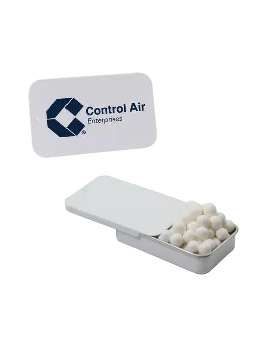 Signature Peppermints In White Slider Tin w/Control Air Enterprises Logo