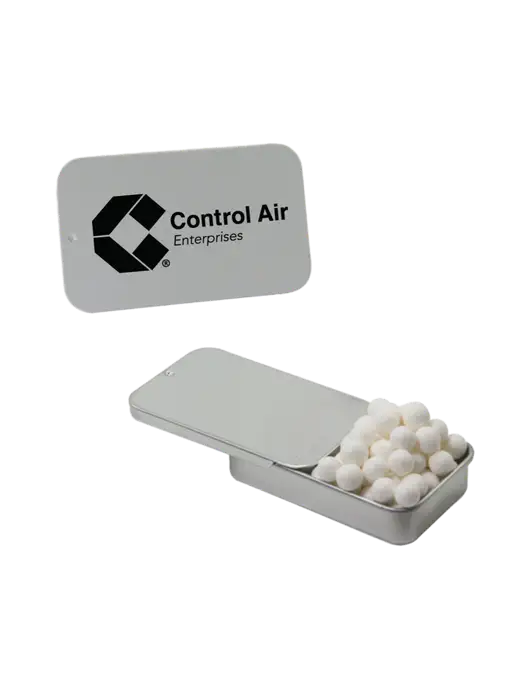 Signature Peppermints In Silver Slider Tin w/Control Air Enterprises Logo