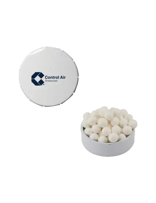 Signature Peppermints In White Snap Top Tin  w/Control Air Enterprises Logo