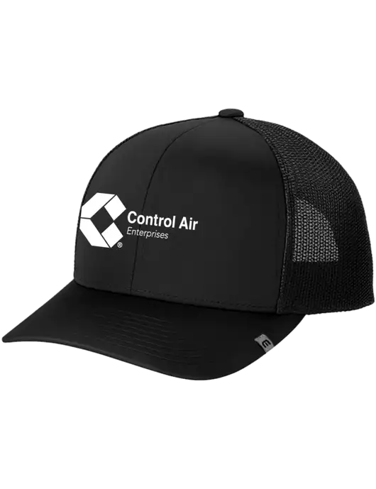 TravisMathew Black Cruz Trucker Cap w/Control Air Enterprises Logo