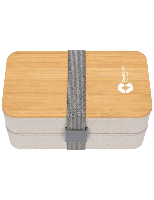 Double Decker Natural Ivory Lunch Box w/Eco-Friendly FSC Bamboo Lid & Reusable Utensils w/Control Air Enterprises Logo